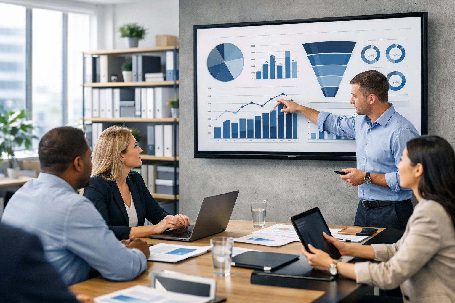 Un groupe de professionnels en réunion dans un bureau moderne, discutant autour d'une table avec des ordinateurs et des documents, regardant un écran affichant des graphiques.