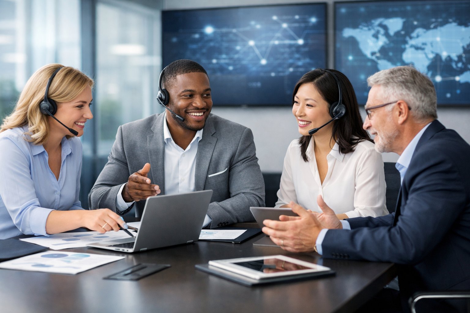 Un groupe de professionnels discutant autour d'une table de conférence dans un bureau moderne équipé d'ordinateurs et d'appareils numériques.