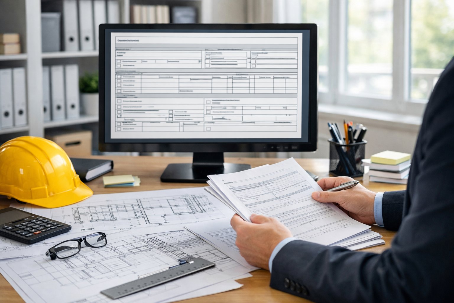 Personne en tenue professionnelle examinant des documents et des plans sur un bureau dans un bureau lumineux et organisé.