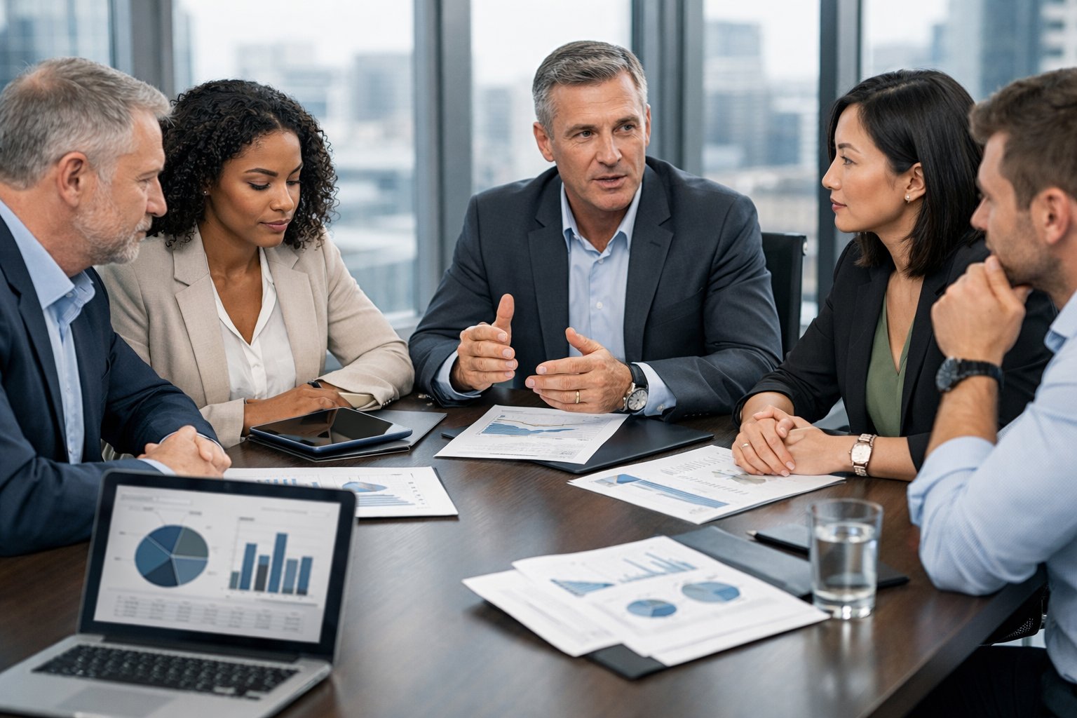 Des professionnels en réunion autour d'une table de conférence avec des documents et des ordinateurs, discutant d'un sujet lié aux marchés publics.