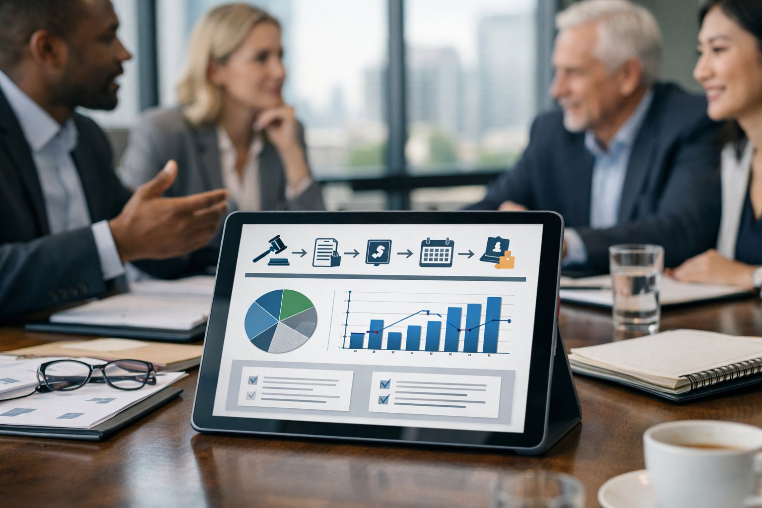 Un groupe de professionnels en réunion autour d'une table de conférence avec des documents et des appareils numériques dans un bureau moderne.