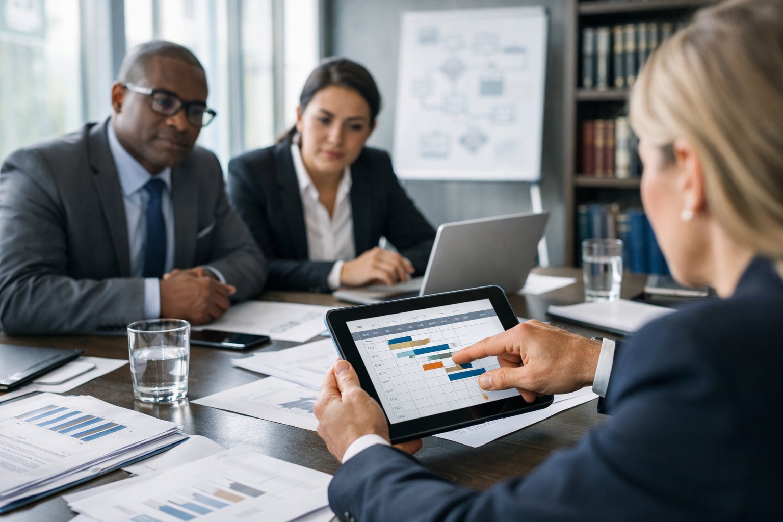 Des professionnels en réunion autour d'une table de conférence avec des documents et des appareils électroniques, discutant d'un calendrier pour calculer des délais.