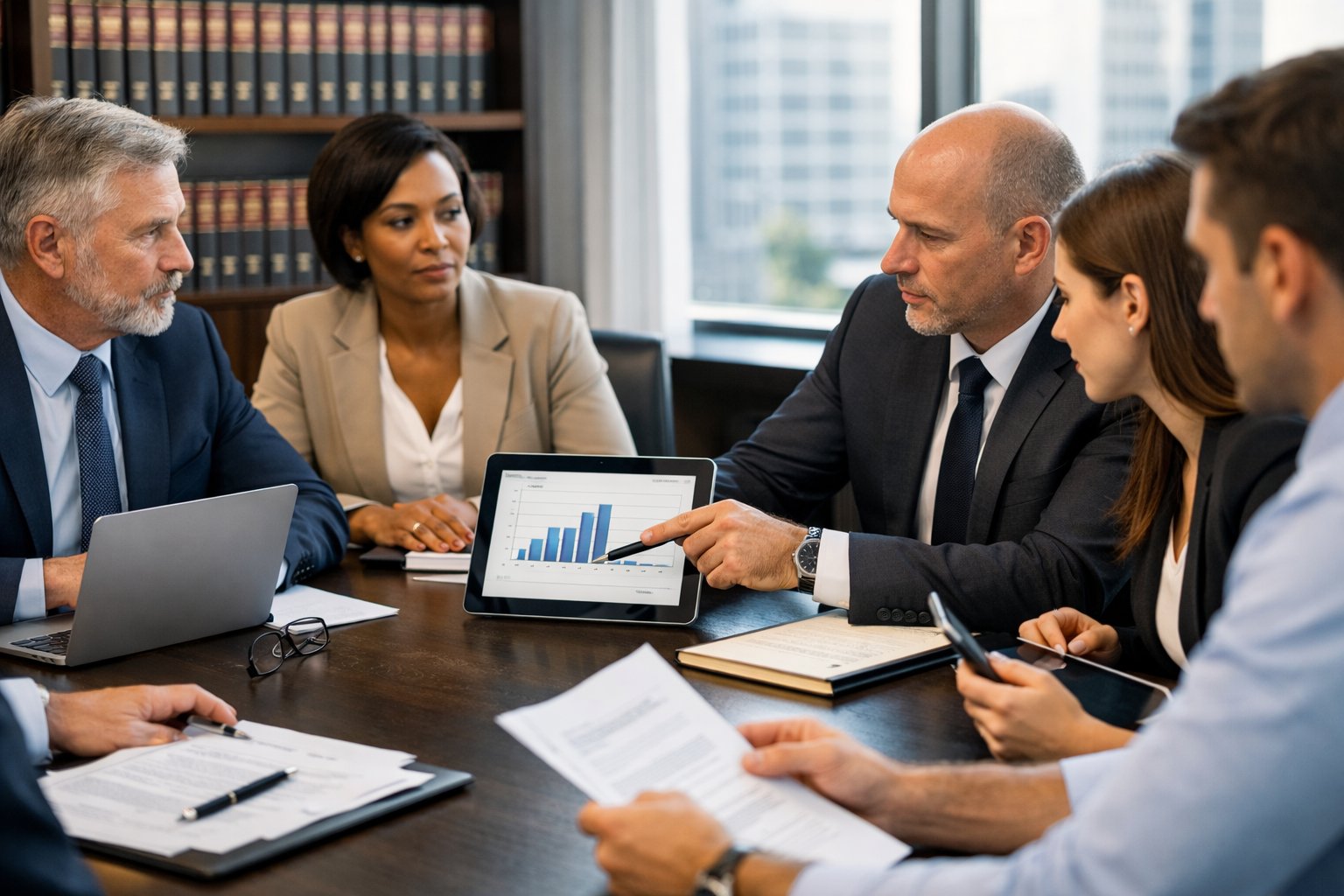 Une réunion d'affaires avec plusieurs professionnels discutant autour d'une table dans un bureau lumineux, examinant des documents et un écran numérique.