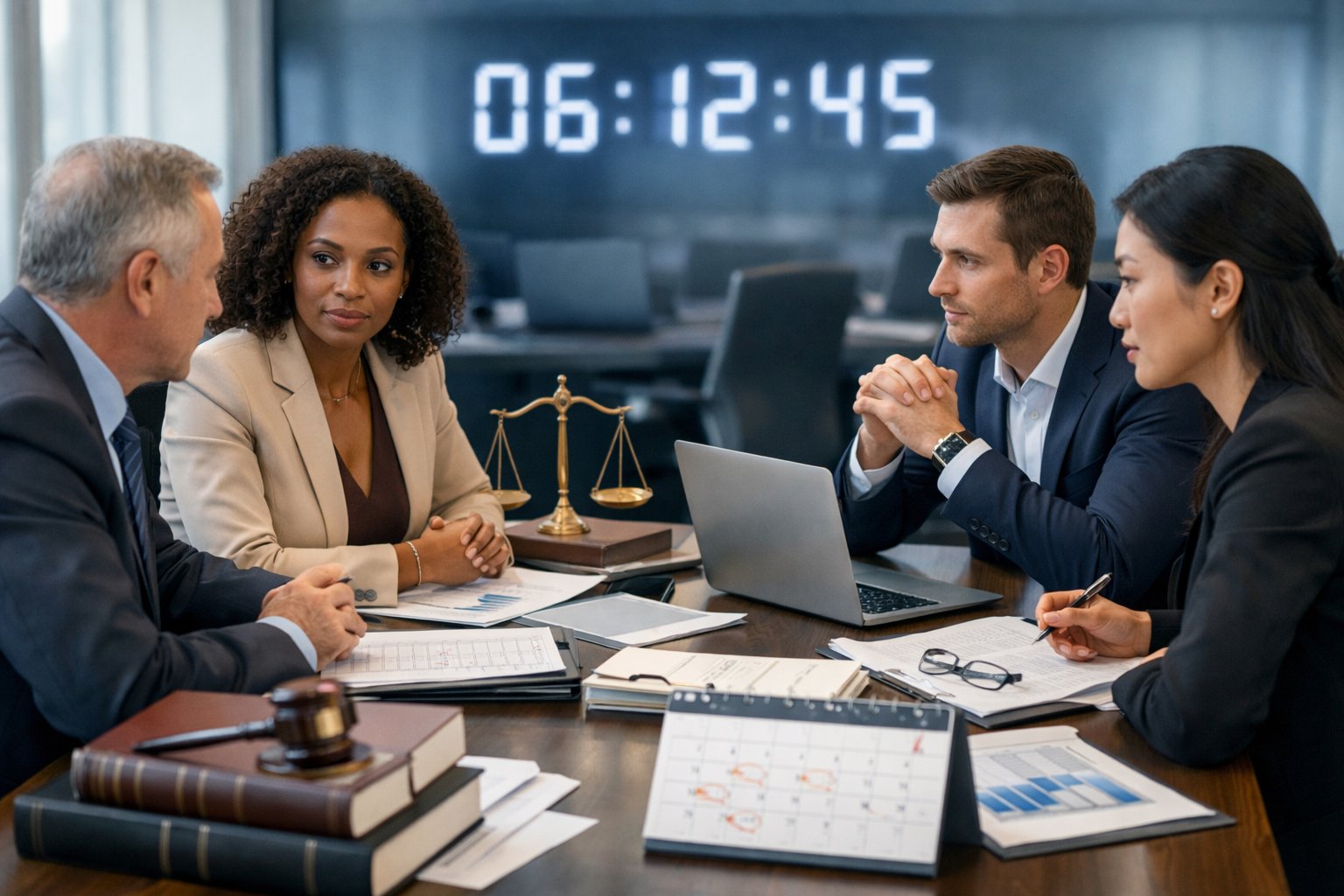 Des professionnels en réunion autour d'une table, examinant des documents et des écrans, avec un calendrier et une horloge en arrière-plan symbolisant des délais importants.