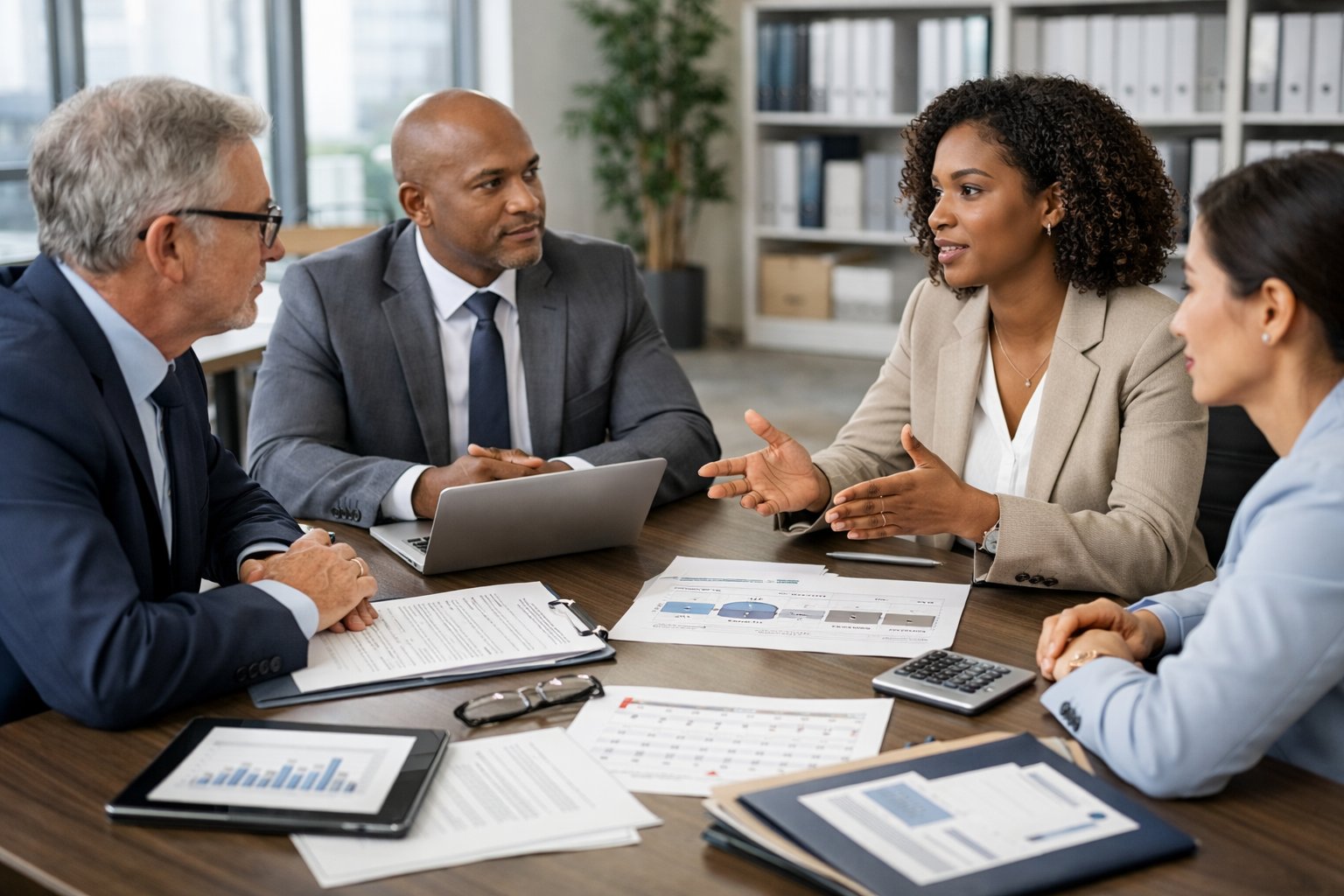 Des professionnels en réunion autour d'une table de conférence avec des documents et des ordinateurs dans un bureau lumineux.
