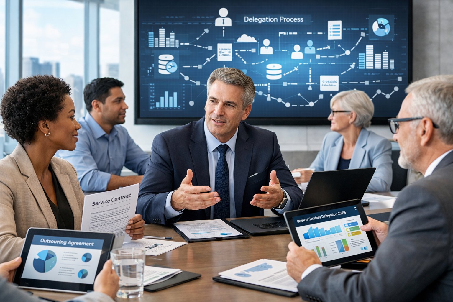 Des professionnels en réunion dans un bureau moderne discutant de la délégation de service public avec des appareils numériques et des graphiques en arrière-plan.