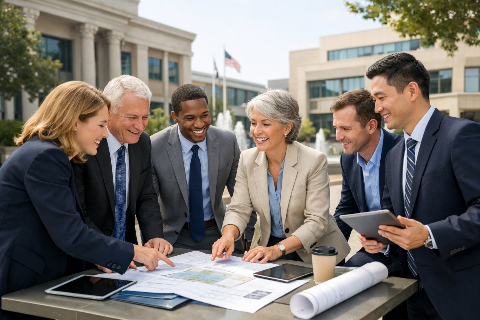 Des professionnels en tenue formelle discutent autour d'une table en plein air devant des bâtiments municipaux, symbolisant une collaboration entre collectivités et entreprises.