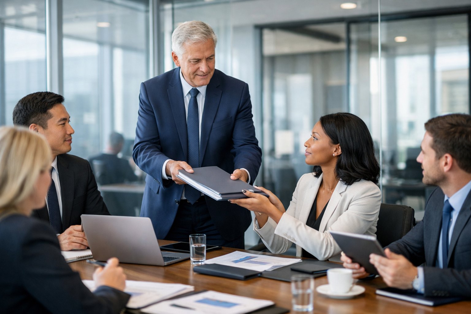 Un groupe de professionnels divers en réunion dans un bureau moderne, discutant autour d'une table avec des ordinateurs et des documents.