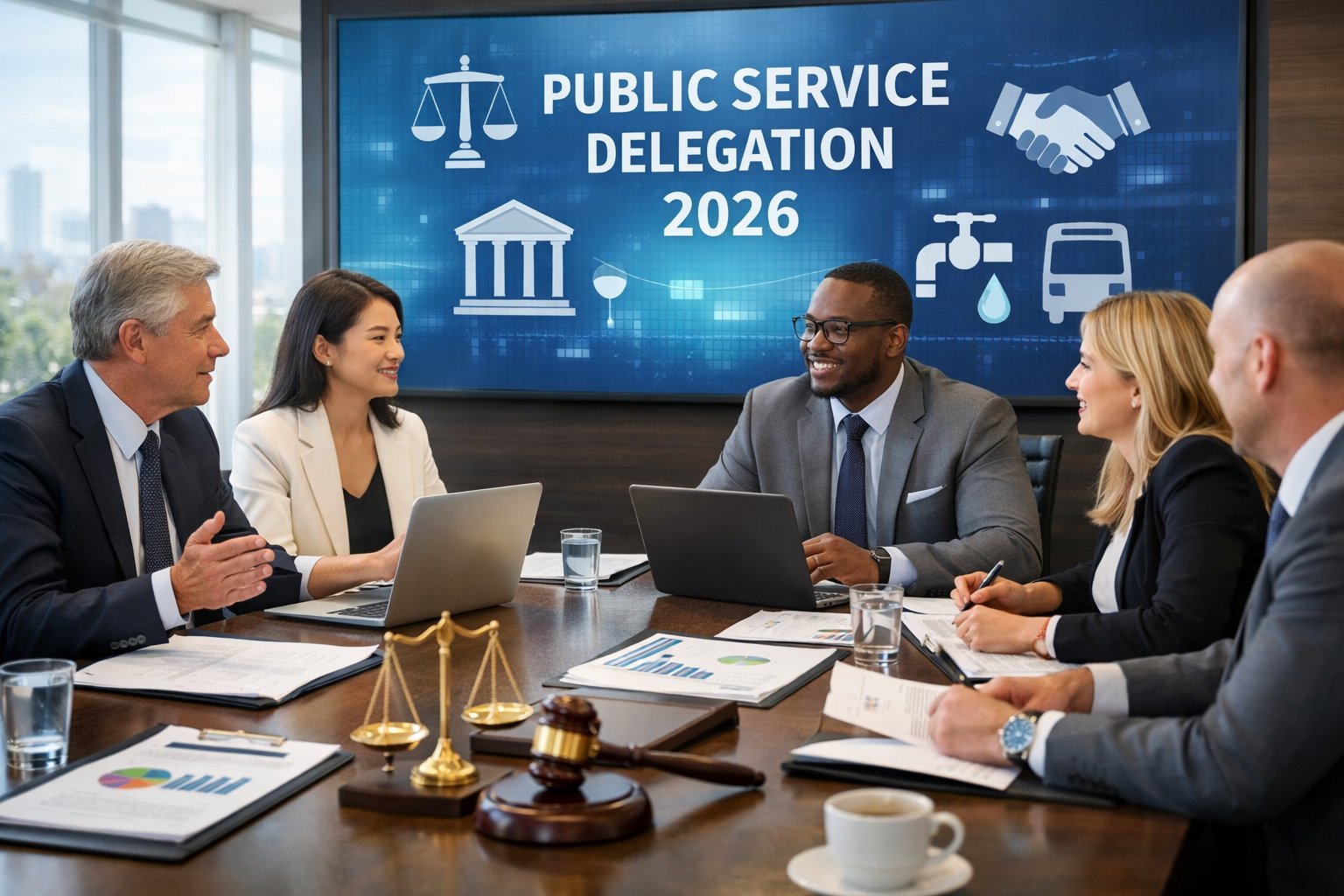 Des professionnels en réunion autour d'une table avec des documents et des appareils électroniques dans un bureau moderne lumineux.