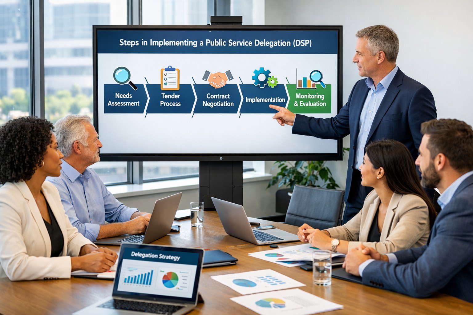 Des professionnels en réunion dans un bureau moderne, discutant autour d'une table avec des documents et un écran affichant un schéma des étapes clés d’un projet.