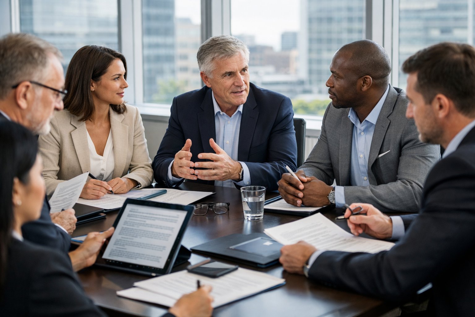 Un groupe de professionnels en réunion autour d'une table de conférence, discutant de contrats dans un bureau moderne avec une vue sur la ville.