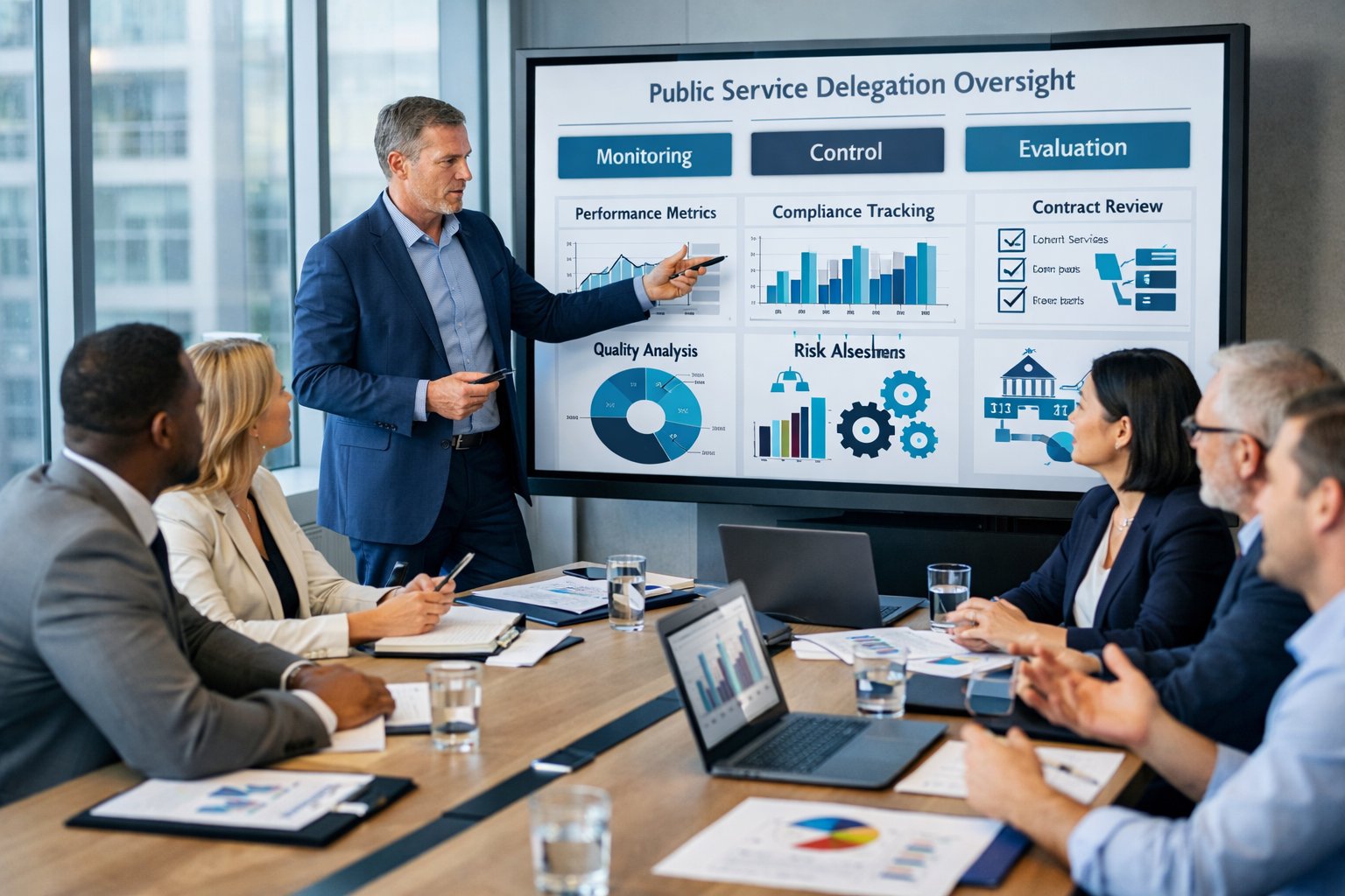 Un groupe de professionnels en réunion dans un bureau moderne, analysant des données sur un écran pour le suivi et l’évaluation d’une délégation de service public.