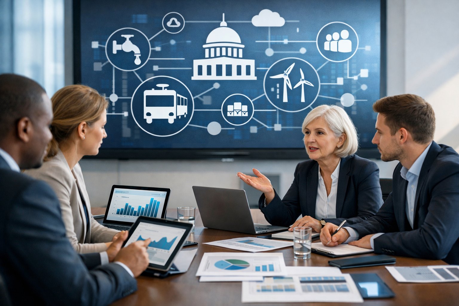 Des professionnels en réunion dans un bureau moderne, collaborant autour d'une table avec des ordinateurs et des graphiques liés aux services publics.