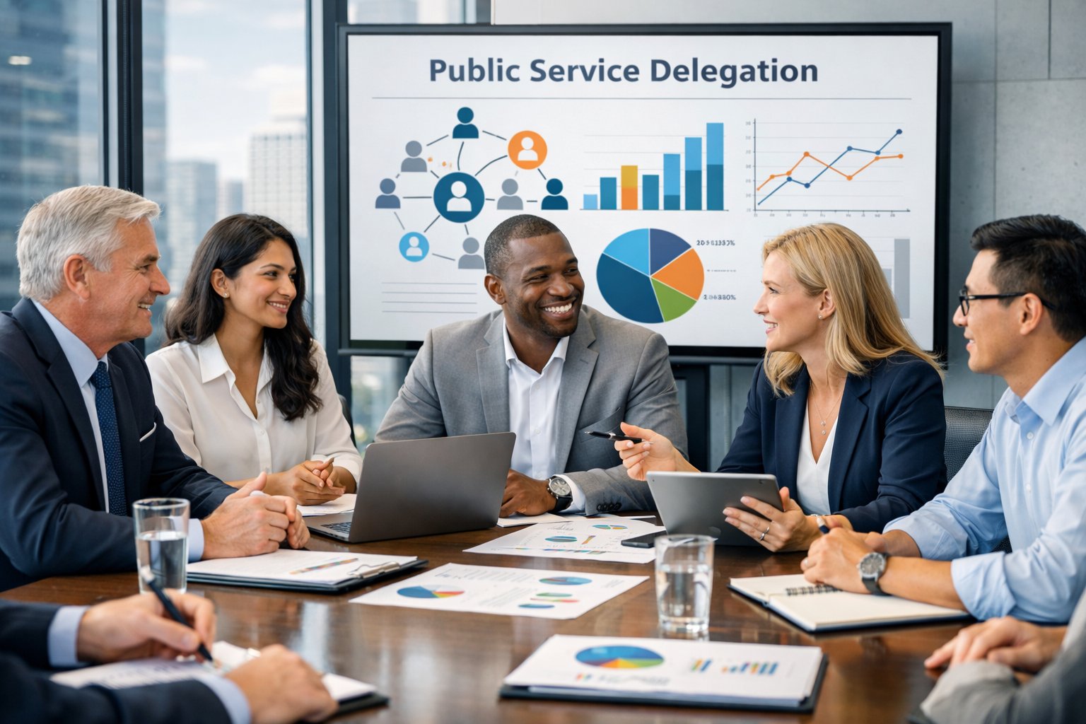 Un groupe de professionnels en réunion dans un bureau moderne, discutant autour d'une table avec des appareils numériques et des documents.
