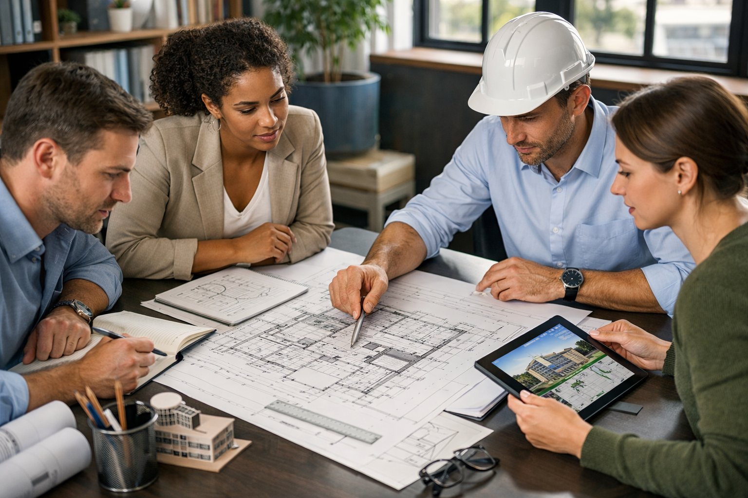 Un groupe de professionnels travaillant ensemble autour d'une table avec des plans architecturaux et des ordinateurs dans un bureau lumineux.