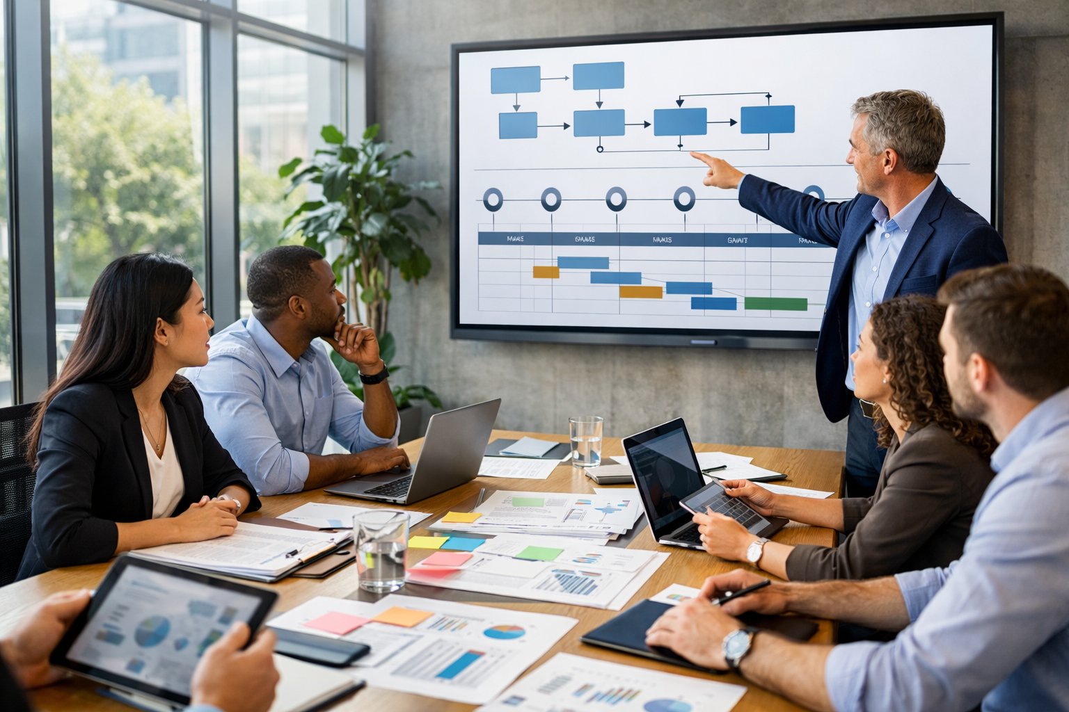 Un groupe de professionnels en réunion autour d'une table avec des documents et un écran affichant des schémas de projet.