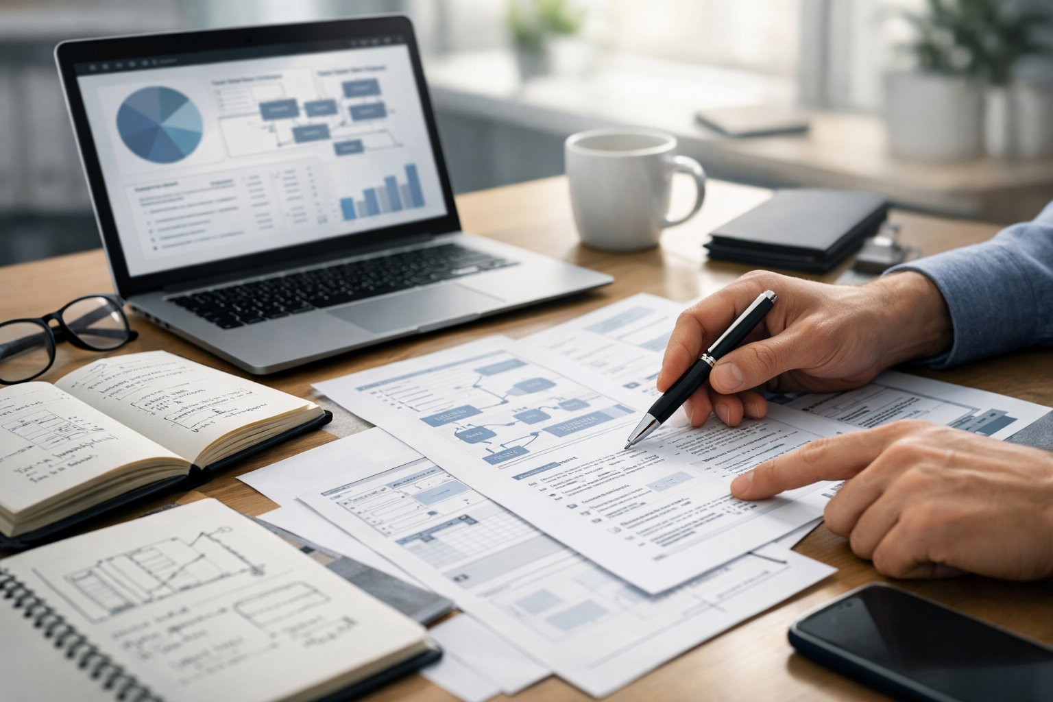 Un bureau moderne avec un ordinateur portable, des documents ouverts et des mains tenant un stylo, illustrant la planification d’un projet.