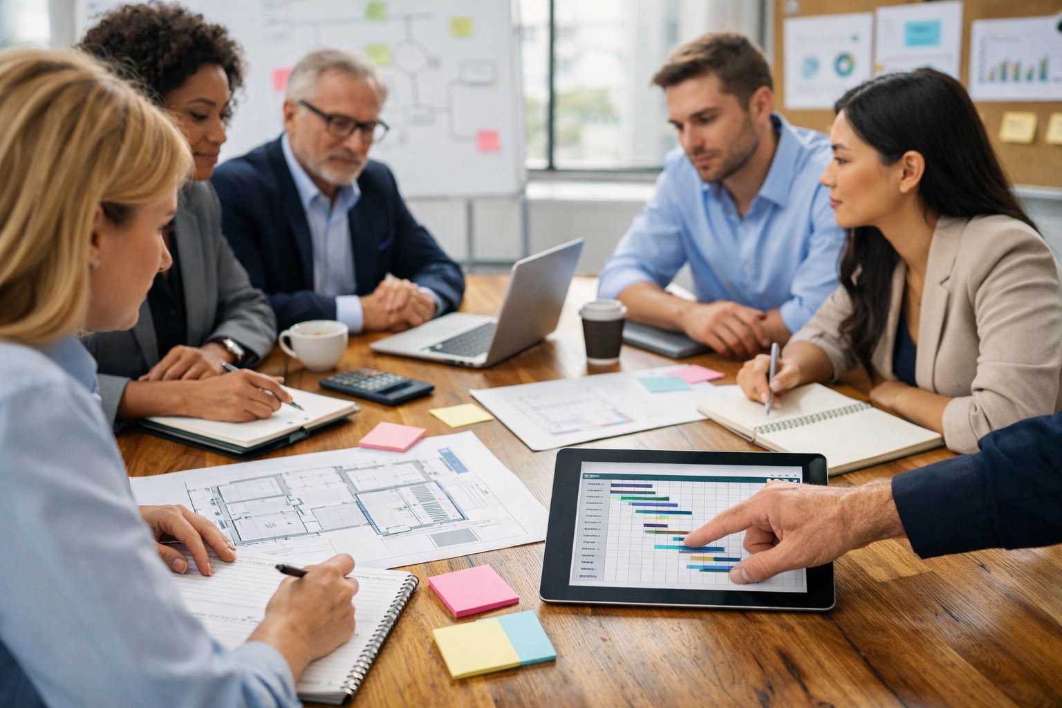 Un groupe de professionnels en réunion autour d'une table avec des documents et des appareils numériques, travaillant ensemble sur les étapes clés d'un avant-projet.