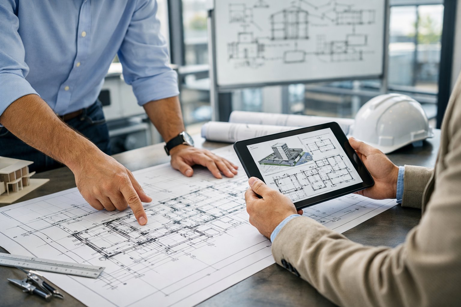 Deux professionnels discutant de plans d'architecture sur une table dans un bureau lumineux et organisé.