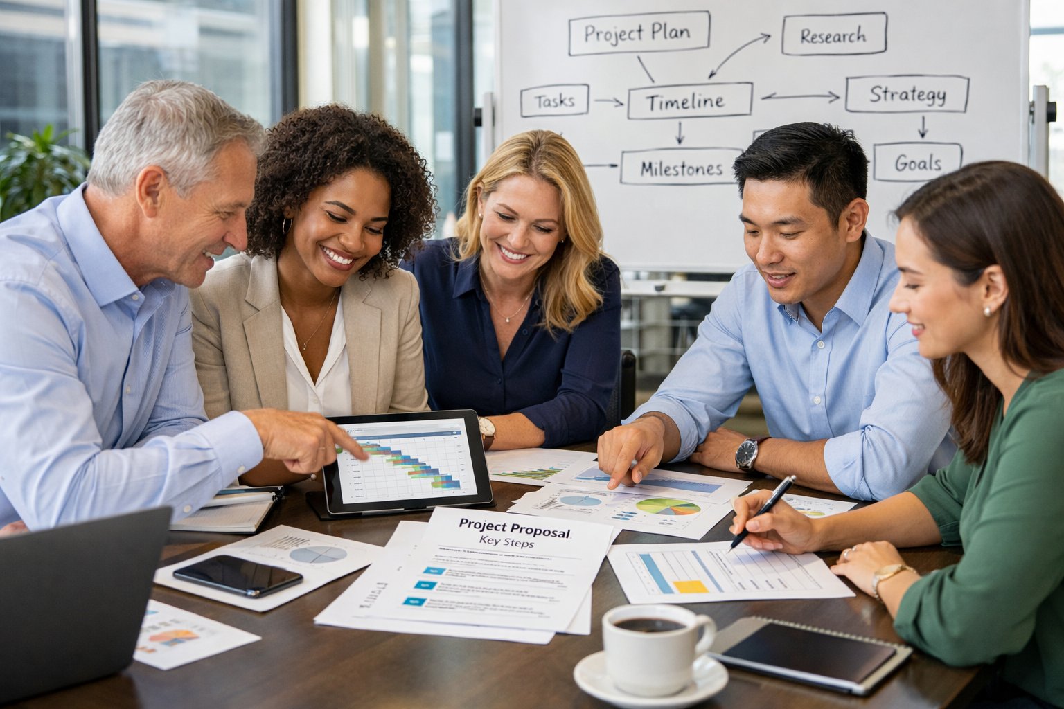 Un groupe de professionnels travaillant ensemble autour d'une table dans un bureau lumineux, discutant et planifiant un projet avec des documents et des écrans.