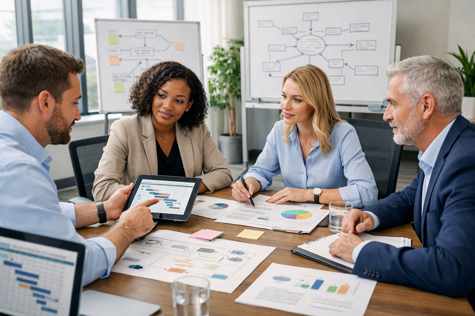 Un groupe de professionnels en réunion autour d'une table de conférence discutant de documents et de graphiques dans une salle lumineuse.