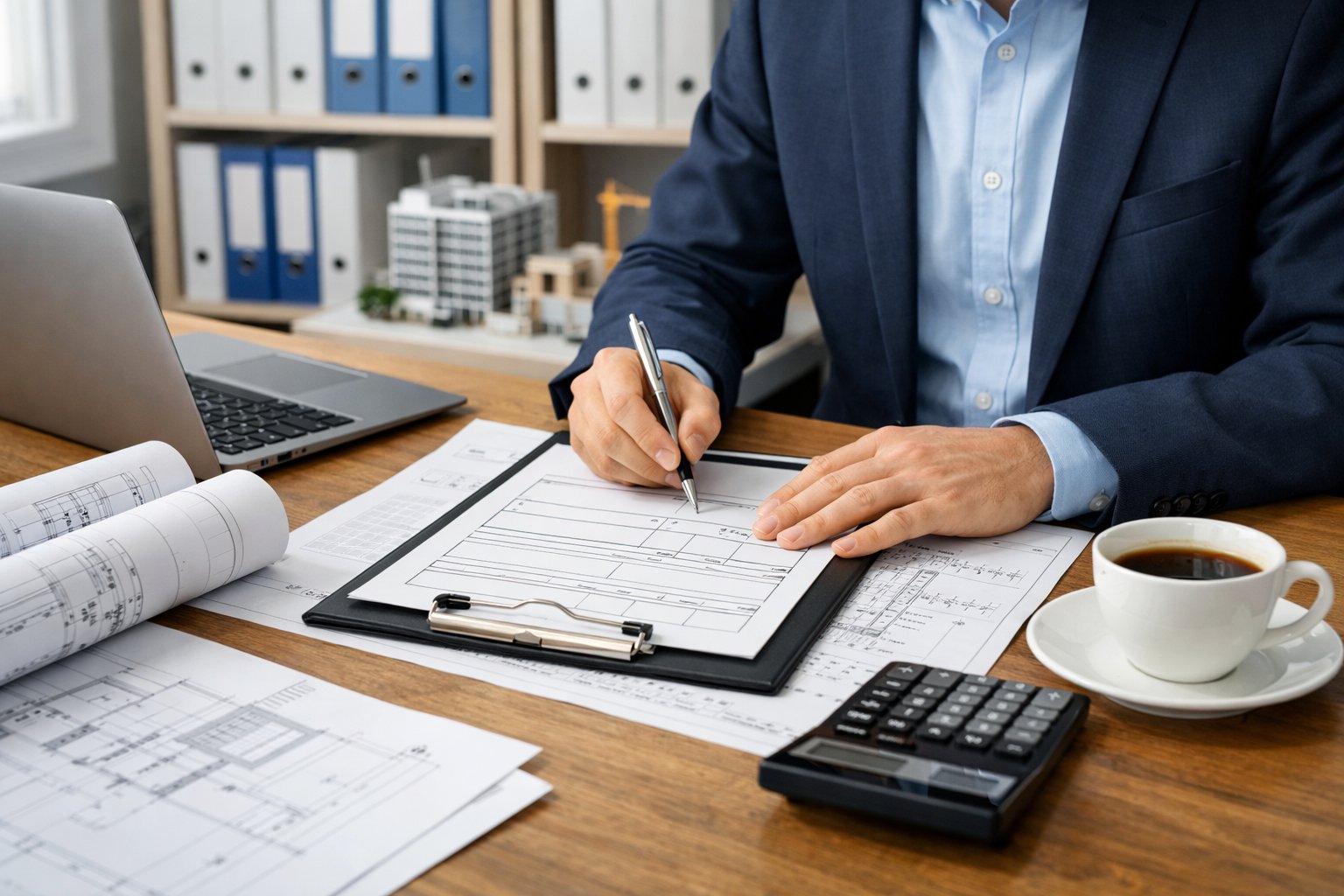 Personne en tenue professionnelle examinant des documents et des plans sur un bureau dans un bureau moderne consacré aux marchés publics de travaux.