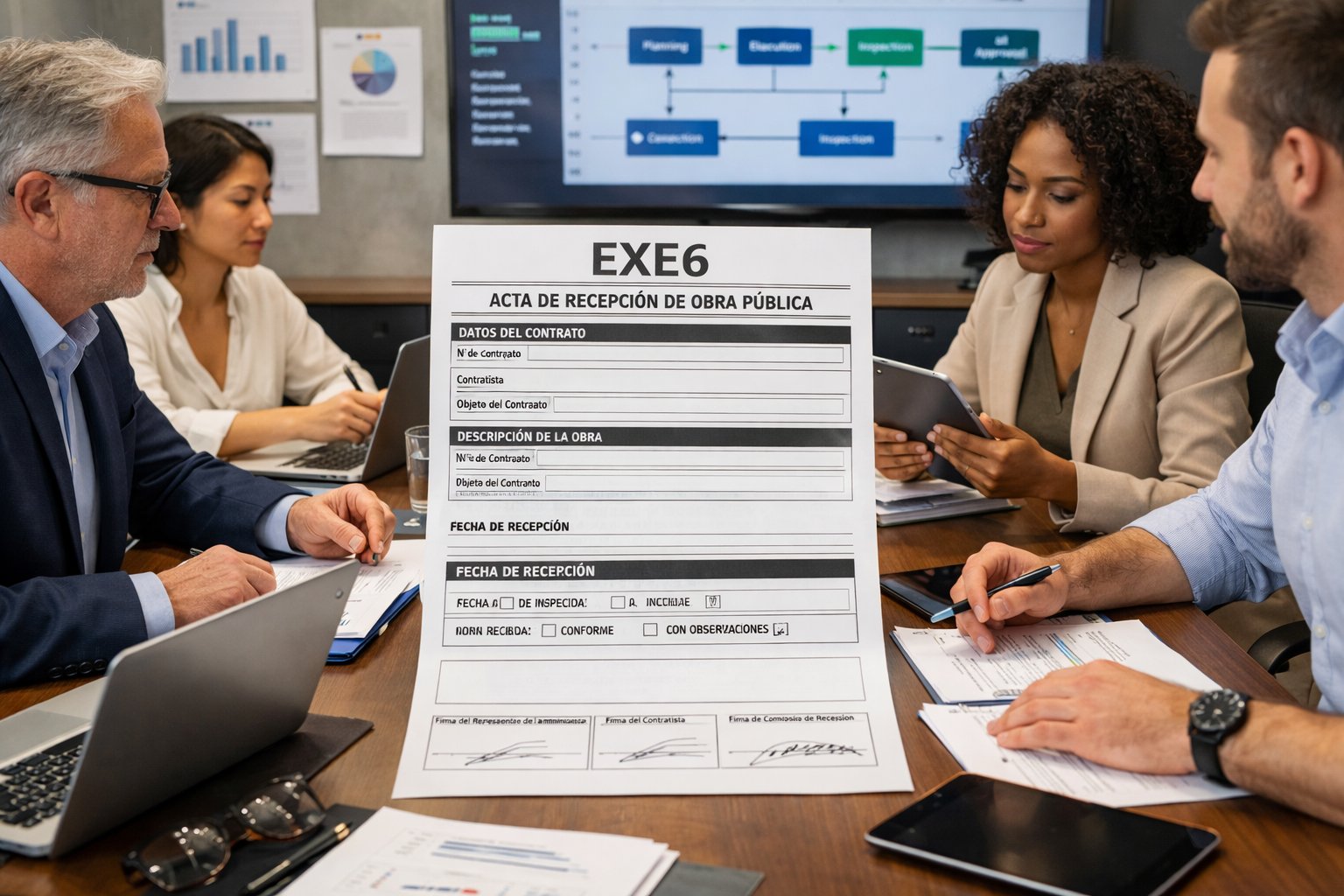 Un groupe de professionnels travaillant ensemble autour d'une table avec des documents et des appareils électroniques dans un bureau moderne.