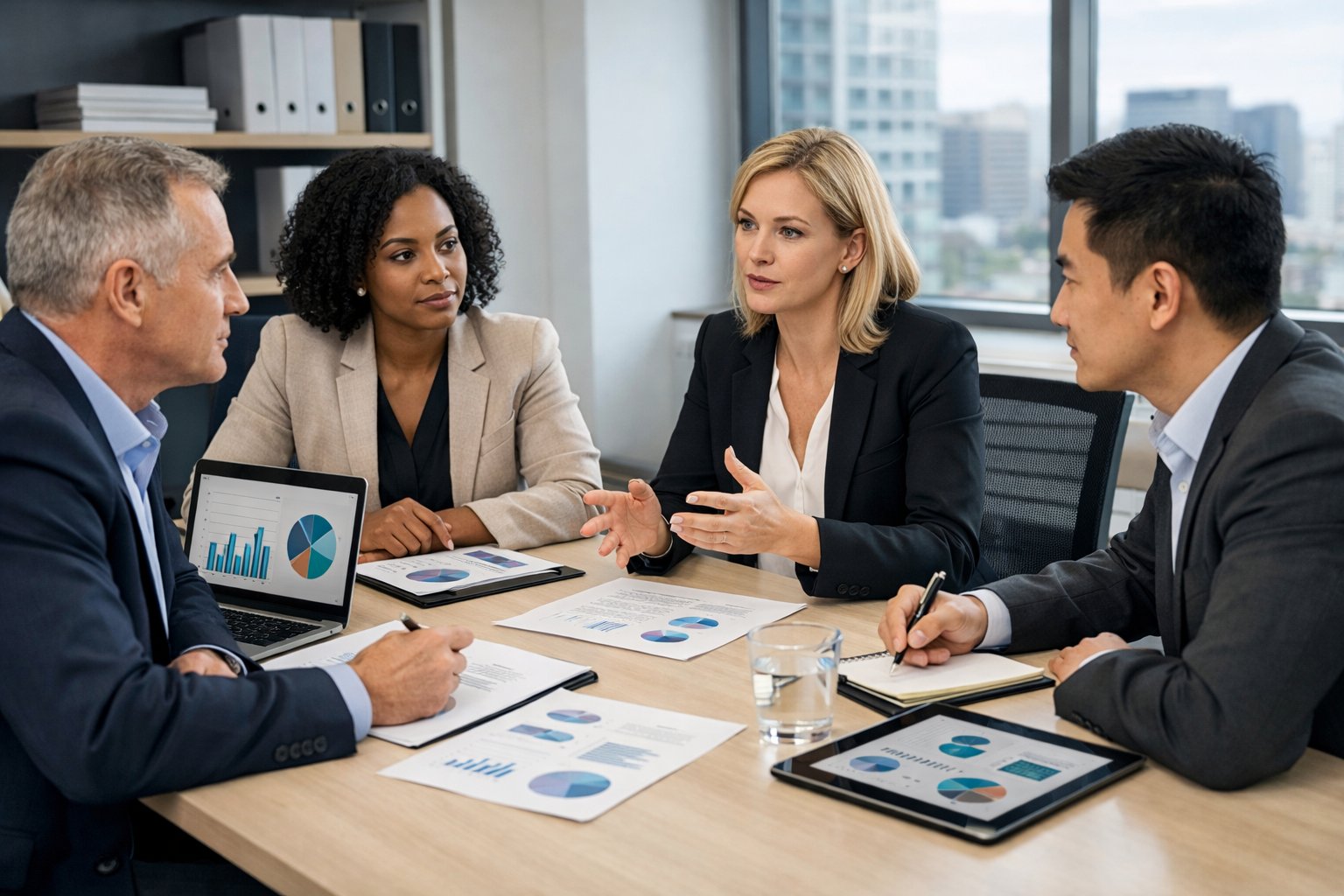 Un groupe de professionnels en réunion autour d'une table de conférence avec des documents et des ordinateurs portables, discutant de décisions liées aux marchés publics.
