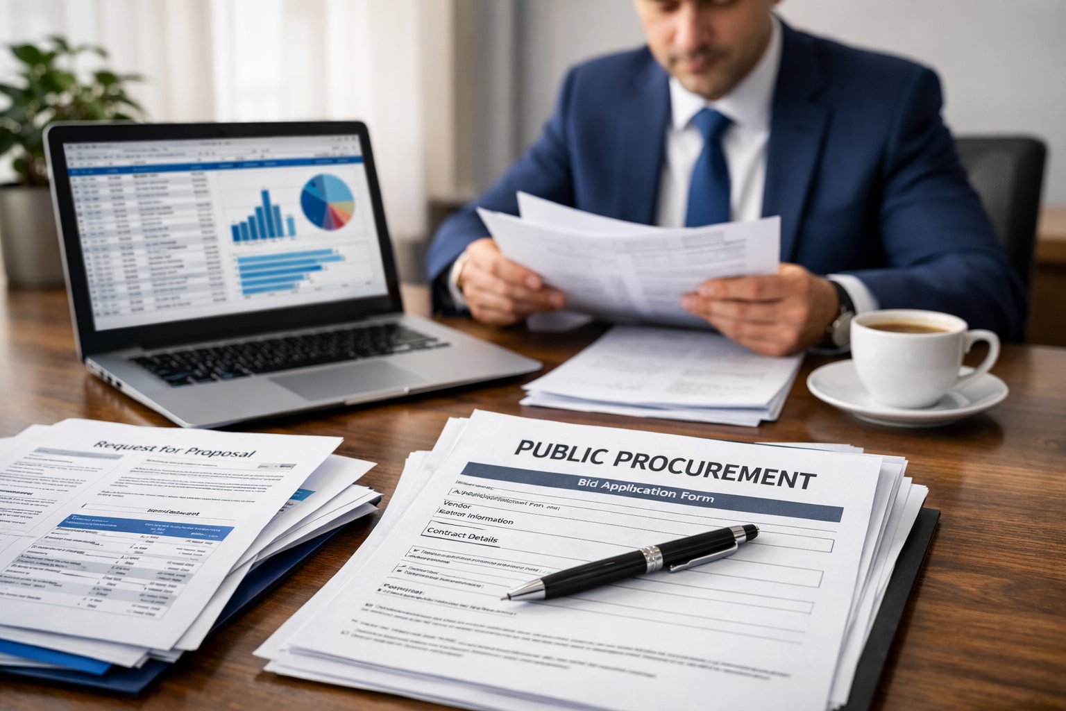 Personne en tenue professionnelle examinant des documents sur un bureau organisé dans un bureau moderne.