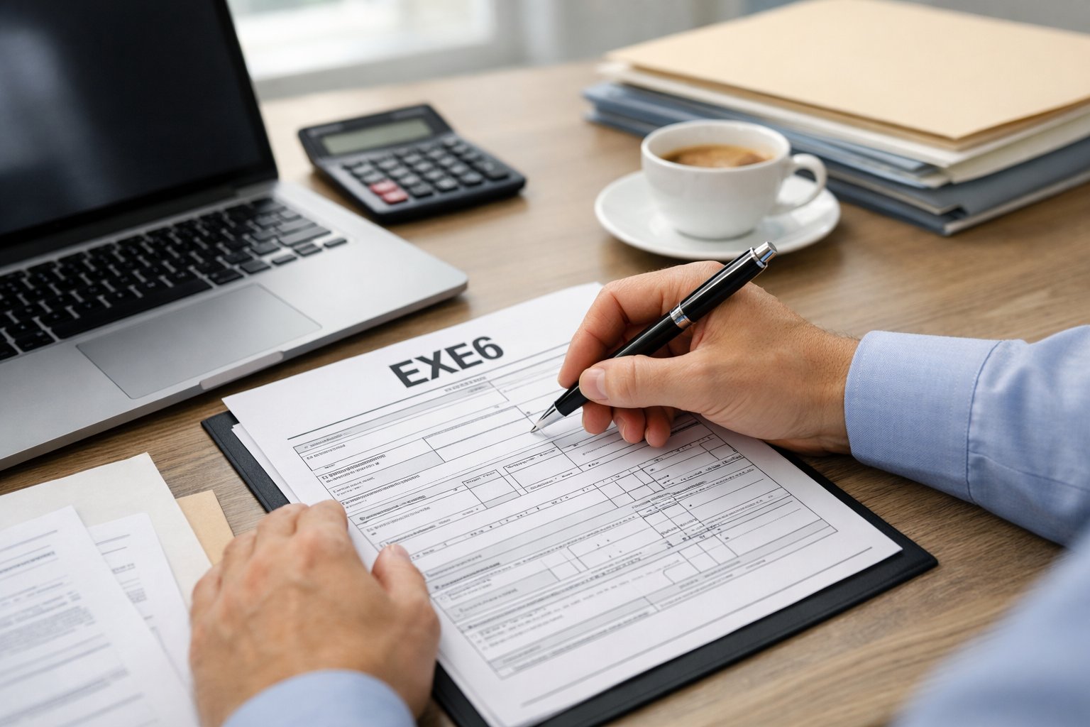Une personne remplit un formulaire officiel EXE6 sur un bureau de travail bien organisé avec un ordinateur portable et des documents.