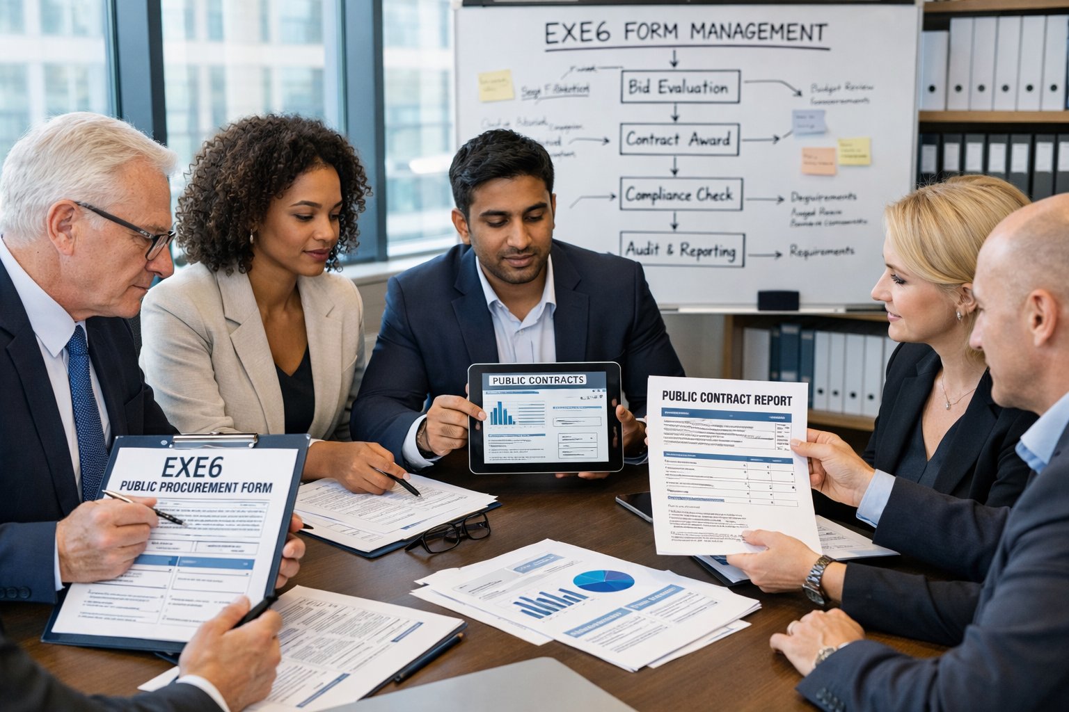 Un groupe de professionnels en réunion autour d'une table dans un bureau lumineux, examinant des documents et des tablettes liés aux marchés publics.