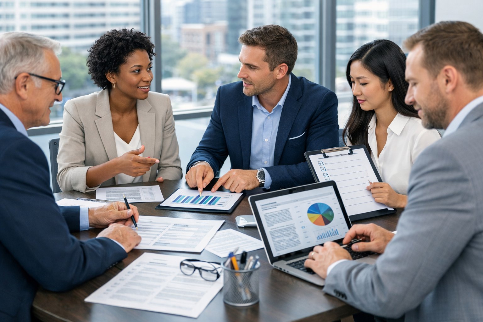 Un groupe de professionnels travaillant ensemble autour d'une table avec des documents et des ordinateurs dans un bureau moderne lumineux.