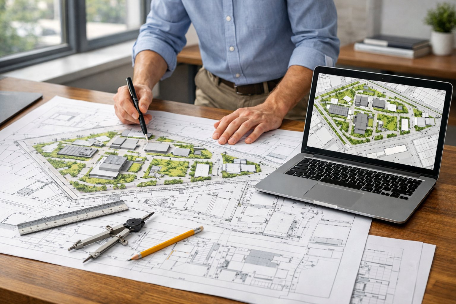 Un bureau moderne avec des plans d’implantation étalés sur une table, une personne en train de les examiner attentivement.