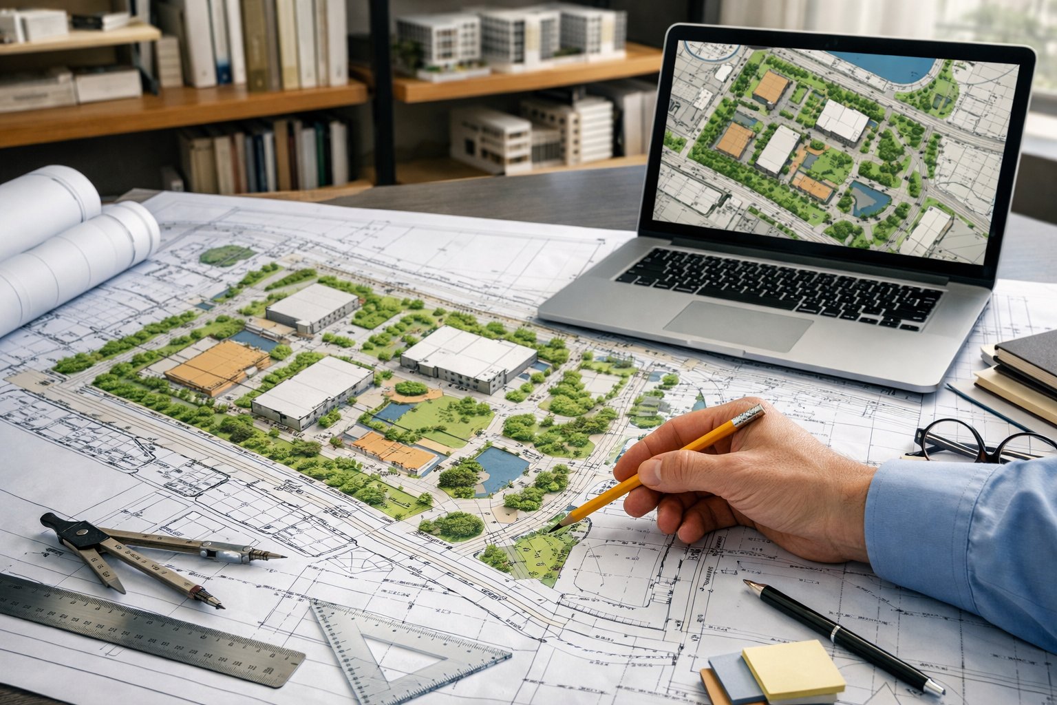 Un bureau d'architecte avec des plans d'implantation détaillés étalés sur une table, une personne montrant les plans avec un crayon, entourée d'outils de dessin et d'un ordinateur portable.