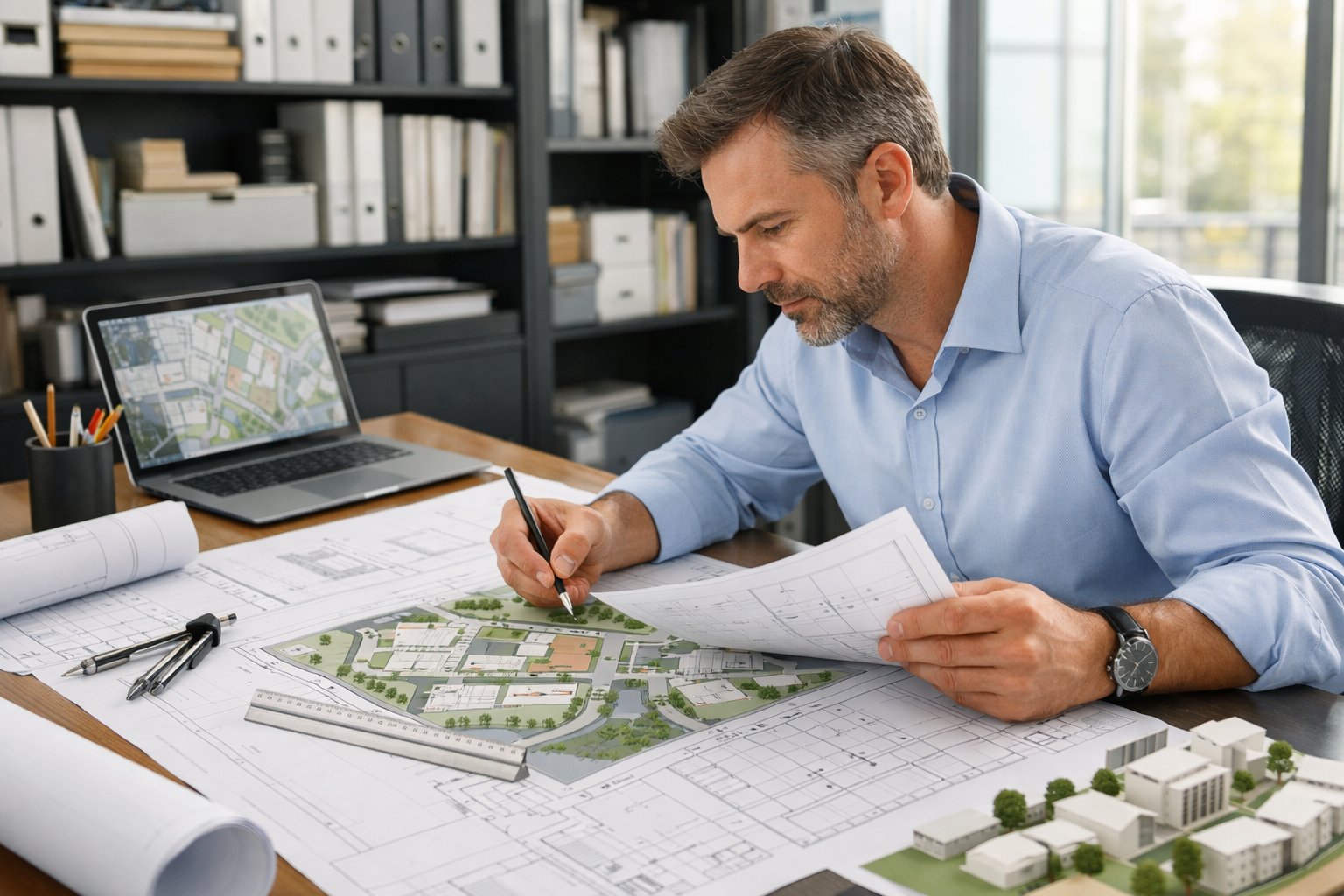 Un professionnel examinant des plans d’implantation sur un bureau avec des outils d’architecture dans un bureau moderne.