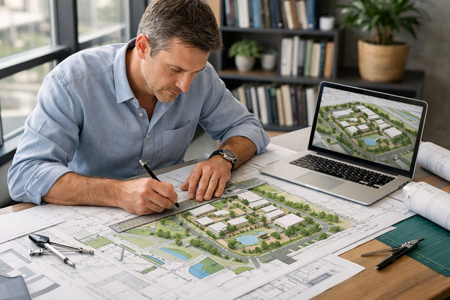 Un architecte travaille sur un plan d’implantation sur une table avec des plans et des outils dans un bureau lumineux.