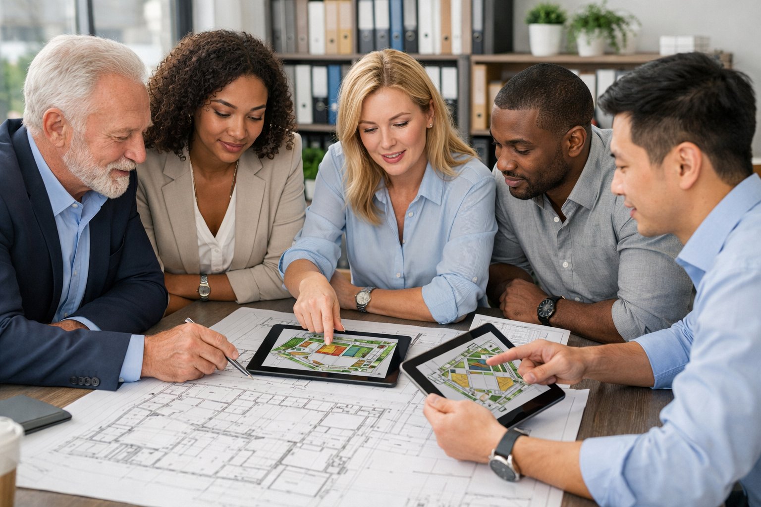 Un groupe de professionnels en réunion autour d'une table avec des plans d'implantation, discutant et collaborant.