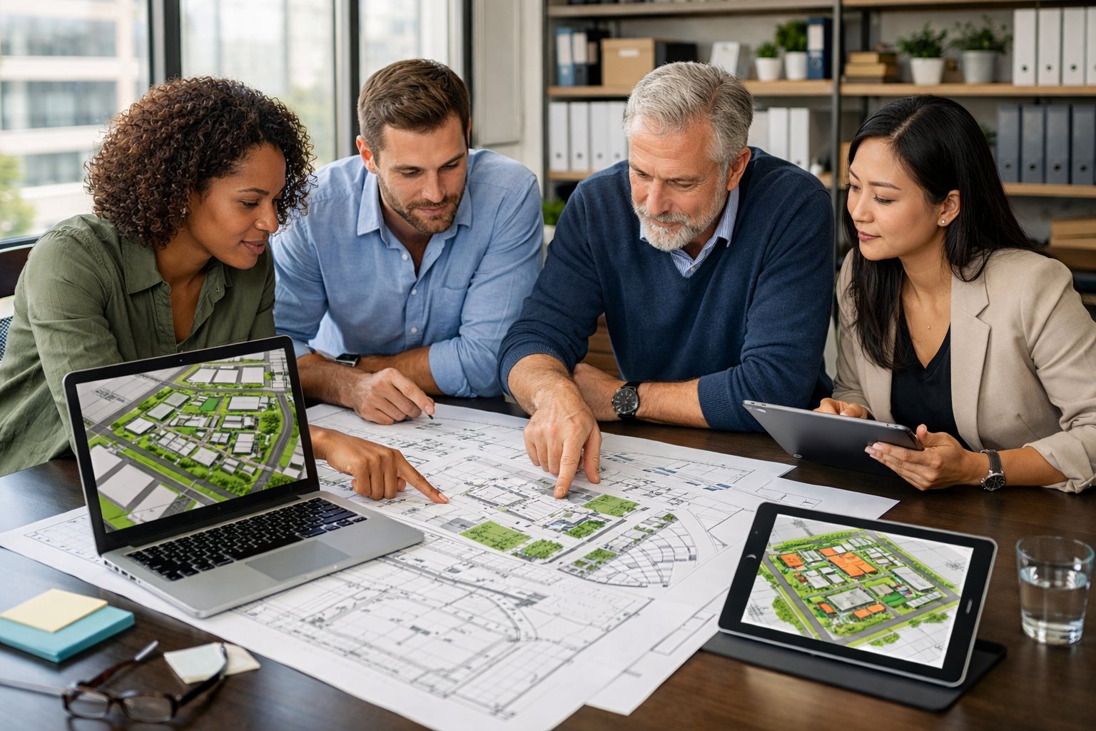 Un groupe de personnes en réunion autour d'une table avec des plans d'implantation et des appareils numériques dans un bureau lumineux.