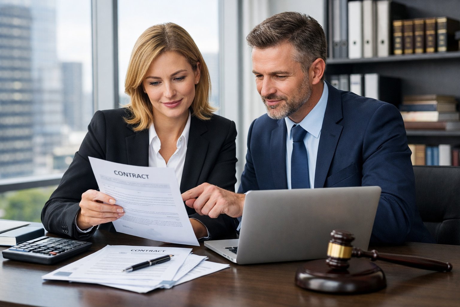 Deux professionnels en tenue formelle discutant de documents dans un bureau moderne avec une vue sur la ville.