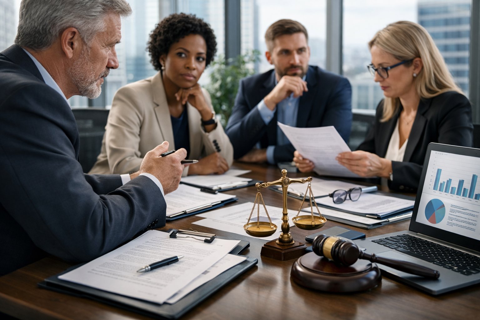 Des professionnels en réunion dans un bureau moderne, discutant autour d'une table avec des documents et des ordinateurs portables.