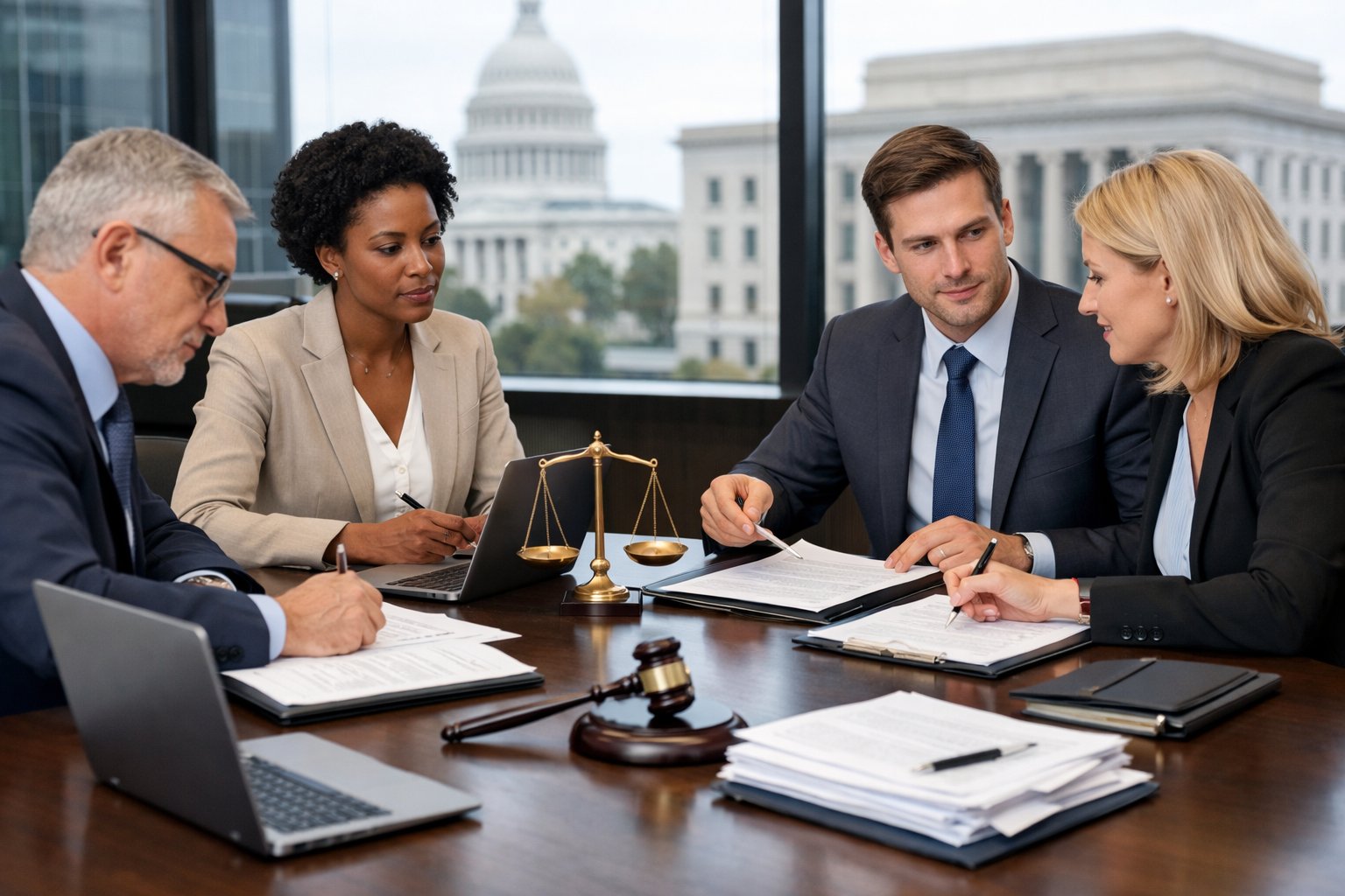 Des professionnels en réunion autour d'une table de conférence avec des documents et des ordinateurs portables dans un bureau moderne.