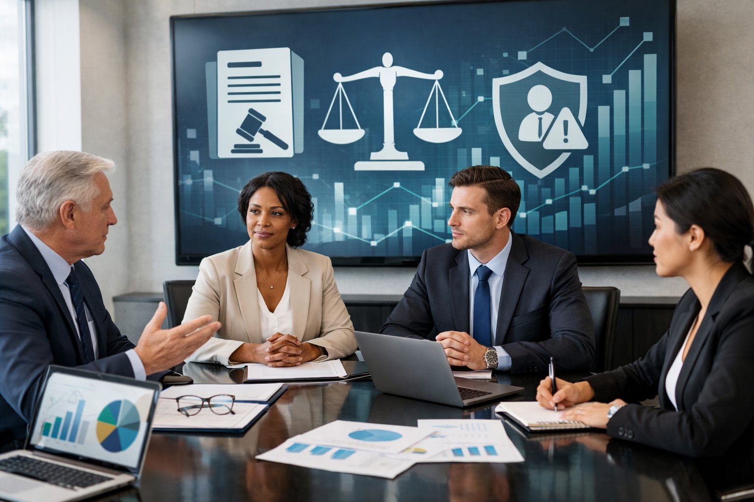 Des professionnels en réunion autour d'une table de conférence avec des ordinateurs portables et des documents, discutant de contrats et de responsabilités dans un bureau moderne.