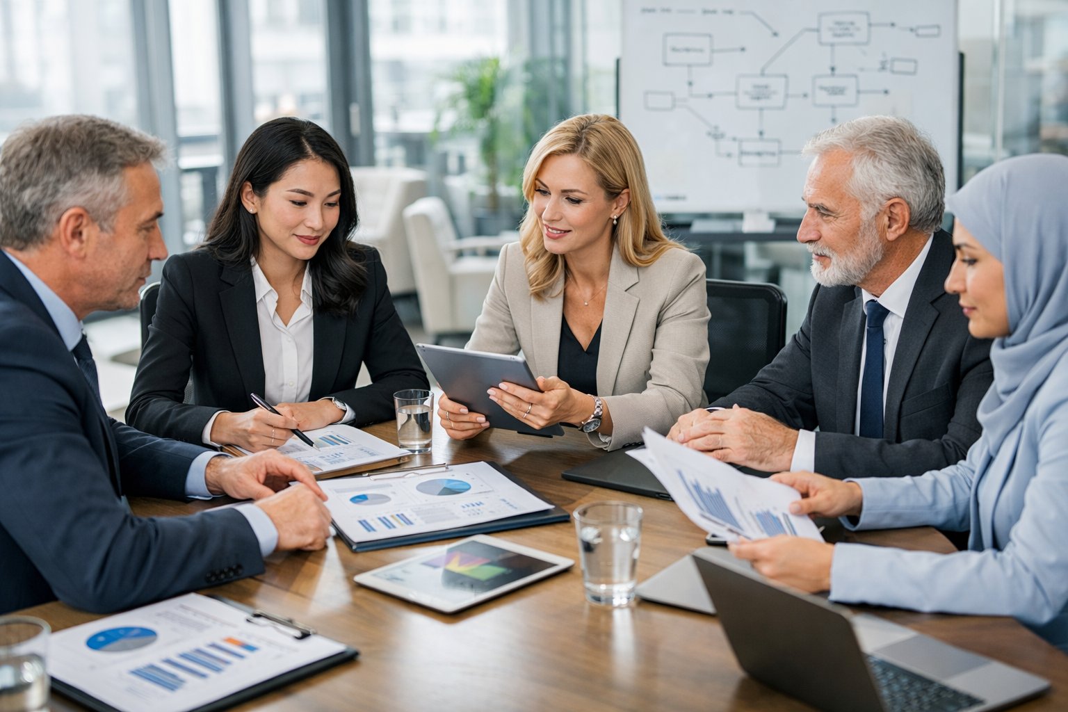 Un groupe de professionnels en réunion dans un bureau moderne, discutant autour d'une table avec des documents et des appareils numériques.