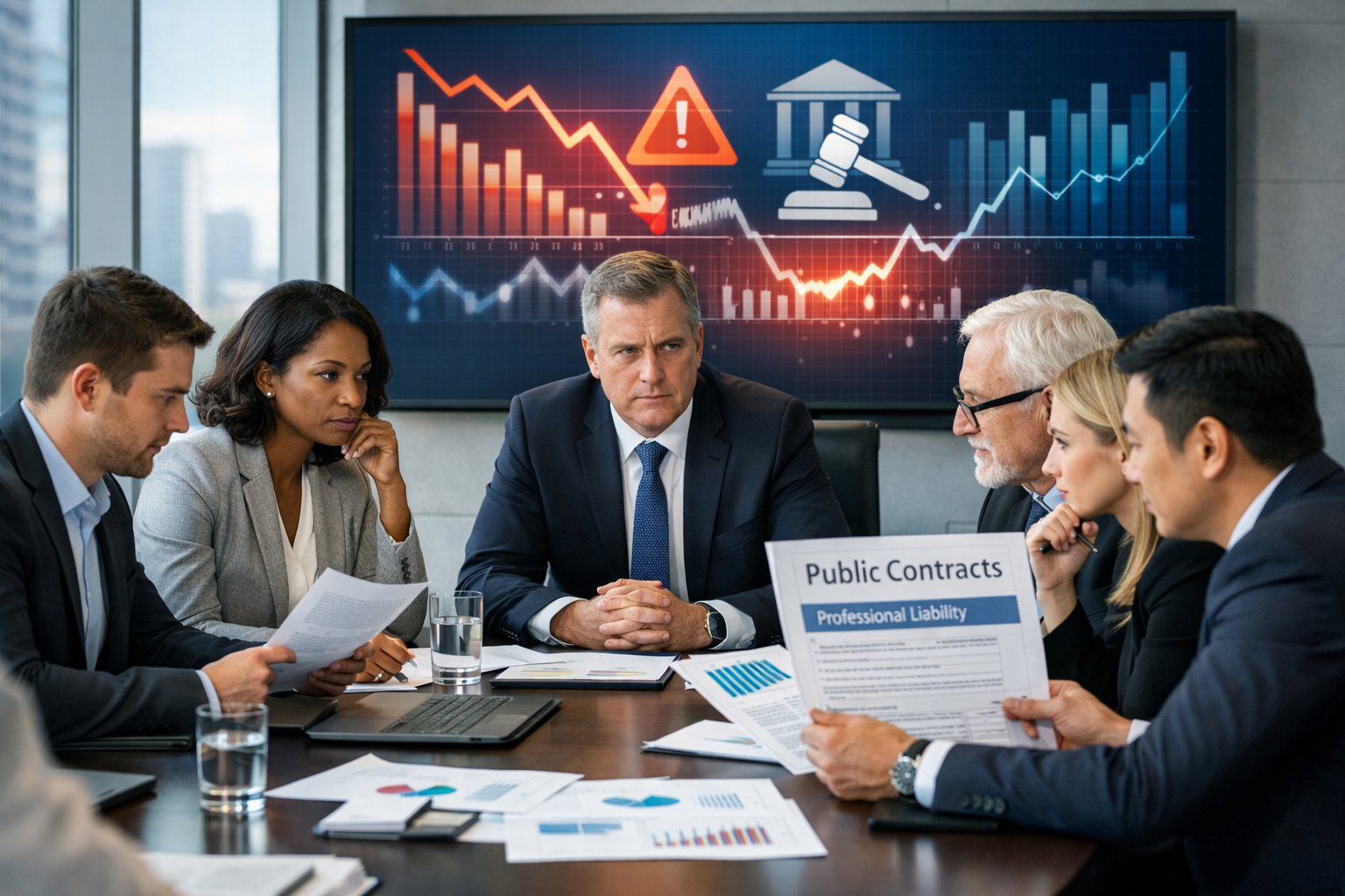 Une réunion professionnelle avec plusieurs personnes en tenue formelle discutant autour d'une table, examinant des documents dans un bureau moderne lumineux.