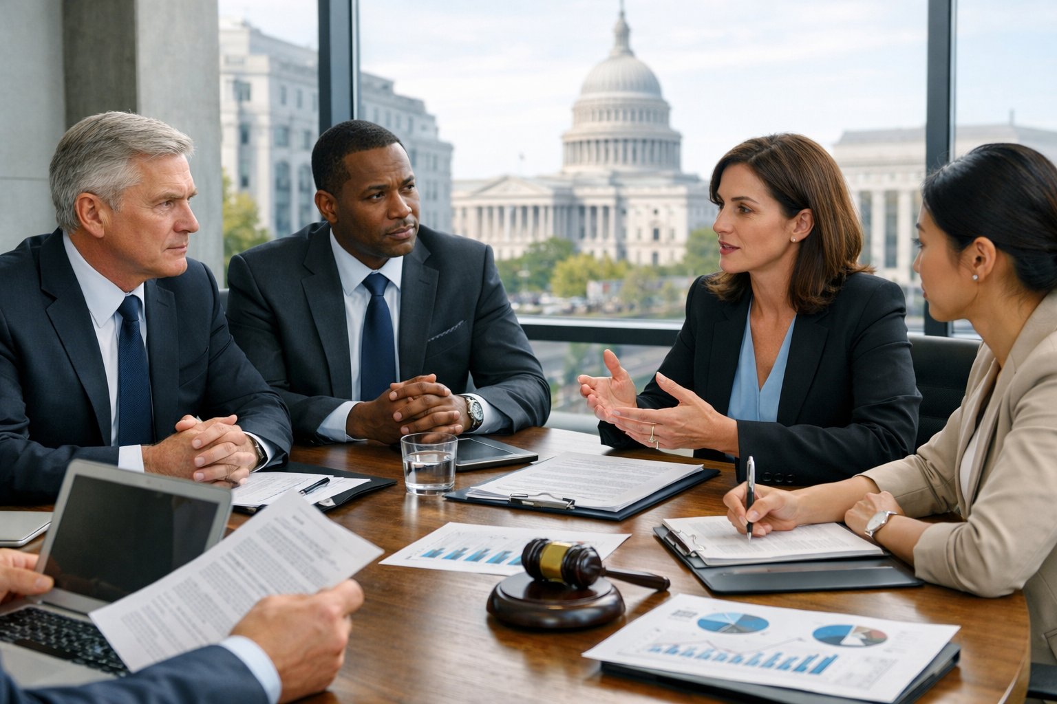 Des professionnels en réunion dans un bureau moderne discutant de contrats publics autour d'une table avec des documents et des ordinateurs.