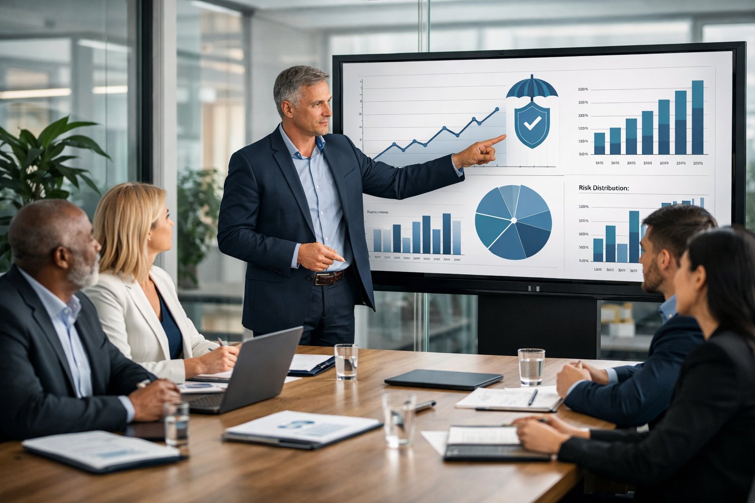 Un groupe de professionnels en réunion autour d'une table de conférence dans un bureau moderne, discutant de contrats publics et d'assurance responsabilité civile.