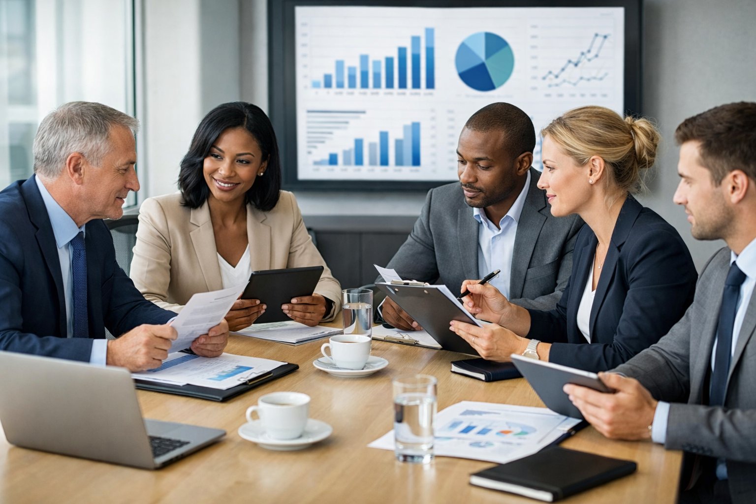 Un groupe de professionnels en réunion autour d'une table de conférence moderne, discutant de documents et de graphiques dans un bureau lumineux.