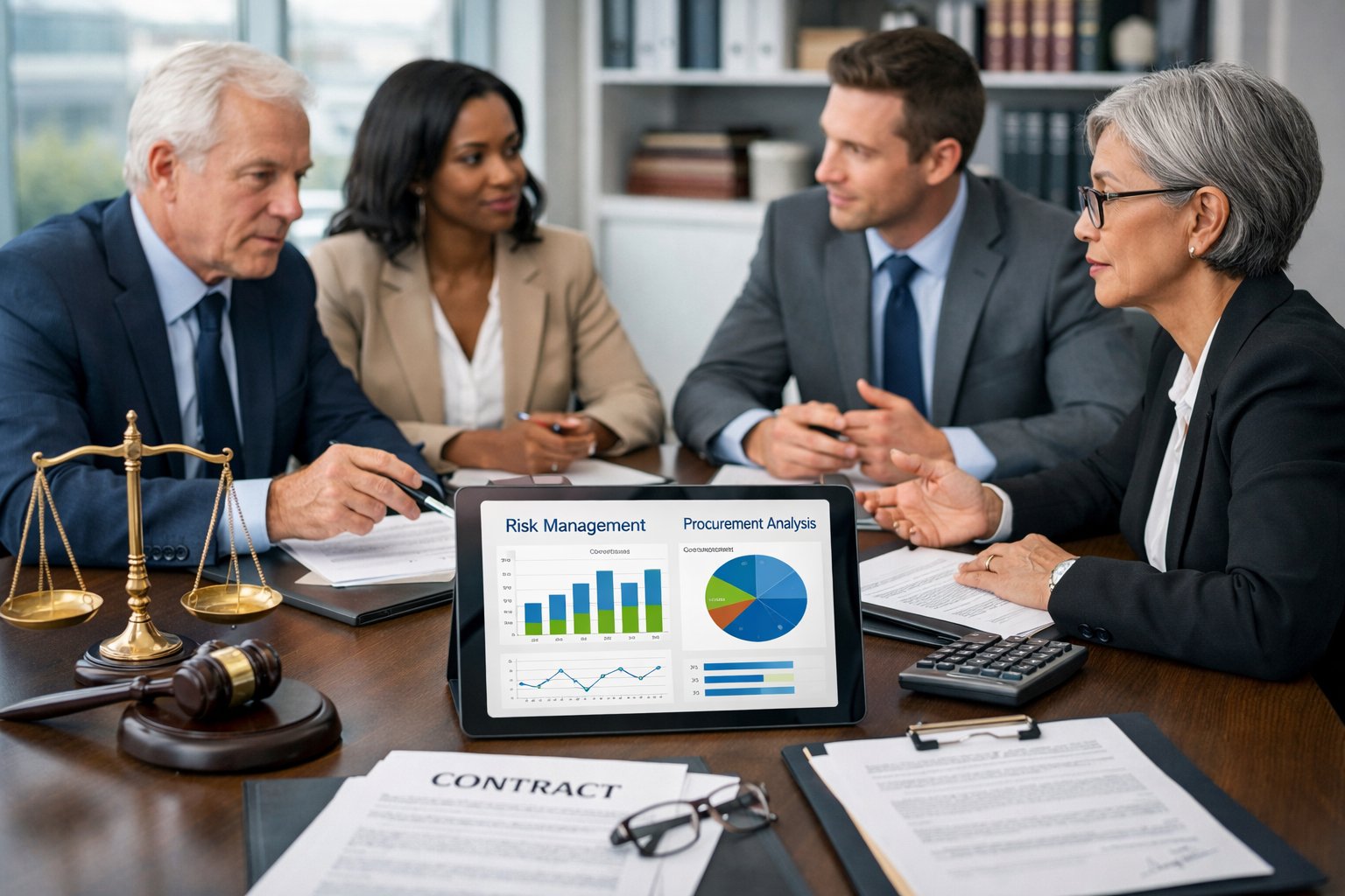 Un groupe de professionnels en réunion autour d'une table de conférence dans un bureau moderne, avec des documents et des ordinateurs portables.