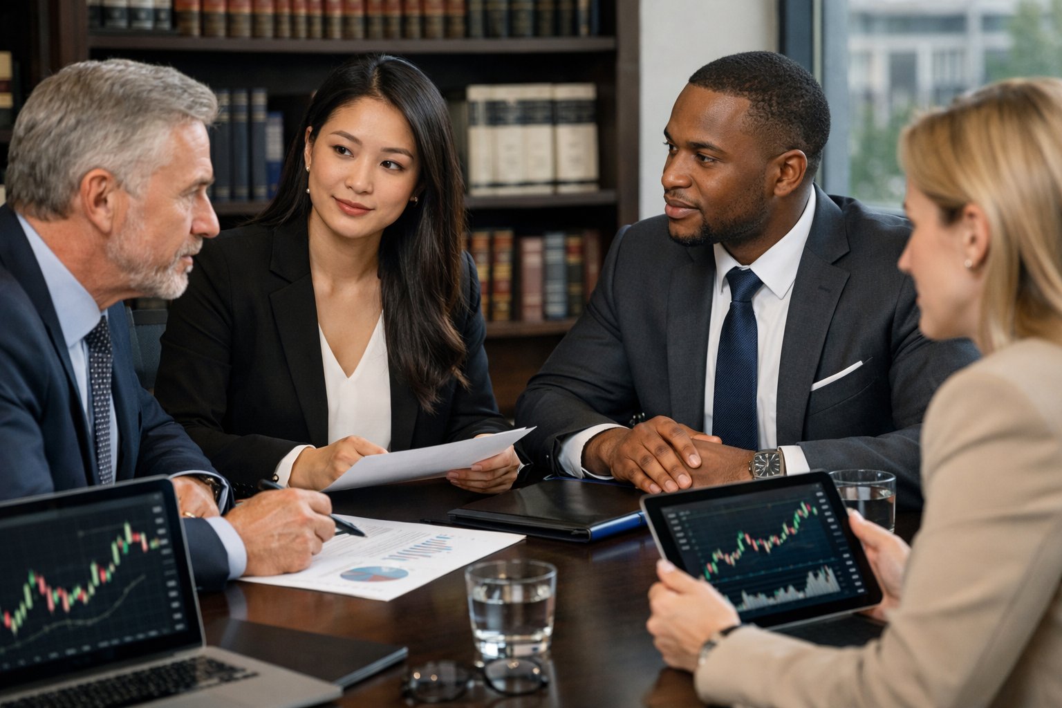 Des professionnels en réunion dans un bureau moderne discutant de documents financiers et juridiques.
