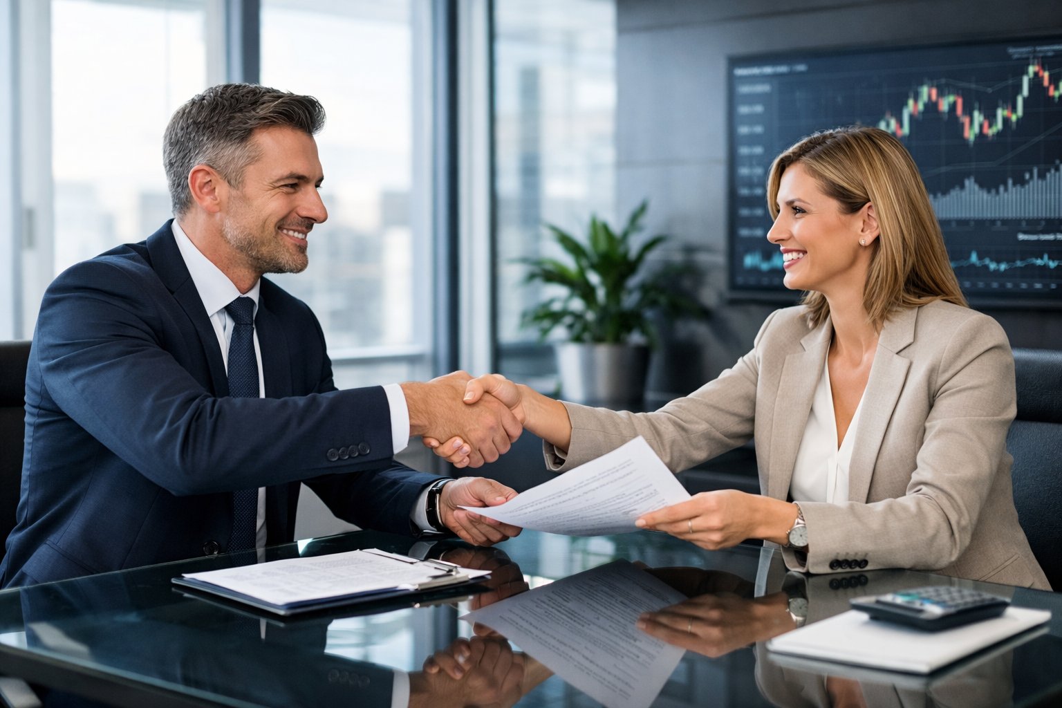 Un acheteur et un vendeur discutent et échangent des documents dans un bureau moderne, symbolisant une négociation directe.
